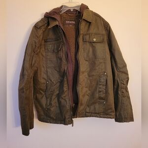 Mens L Guess Brown Vegan Leather Bomber Jacket, Sherpa Lined, Detachable Hood